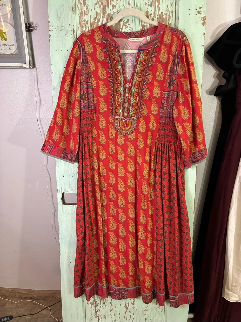 Women’s Soft Surroundings Red & orange boho Printed Midi Dress w bell sleeves - Picture 1 of 6
